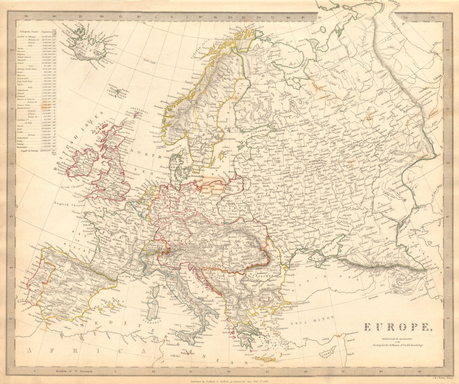 EUROPE. General map. Inset table of population & density by country . SDUK 1844